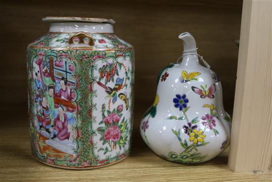 Two Chinese teapots, a bowl and an ornament